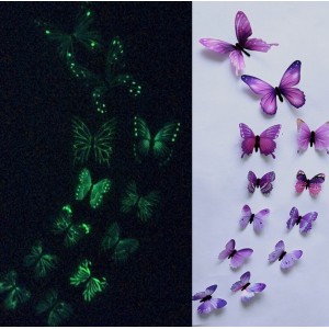 (12 шт) Комплект метеликів 3d на скотчі, ФІОЛЕТОВІ, що світяться - кольорові