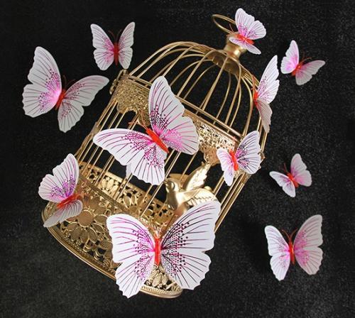 (12 шт) Комплект бабочек 3D  на магните  ,  РОЗОВЫЕ блестящие
