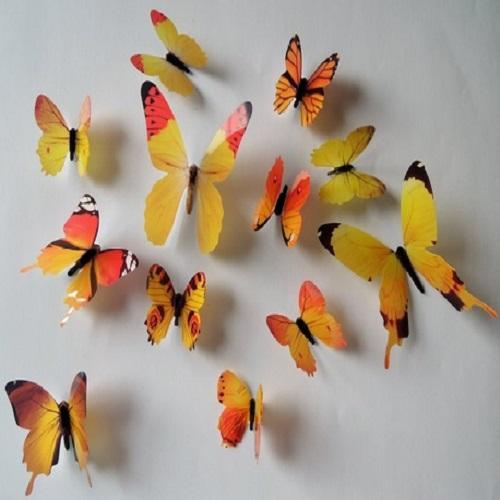 (12 шт) Комплект бабочек 3D  на скотче  ,  ЖЕЛТЫЕ цветные