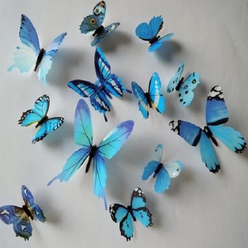 (12 шт) Комплект бабочек 3D  на скотче  ,  ГОЛУБЫЕ цветные