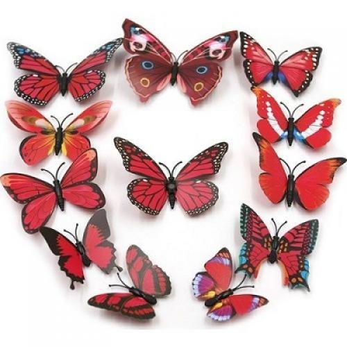 (12 шт) Комплект бабочек 3D  на магните , КРАСНЫЕ цветные