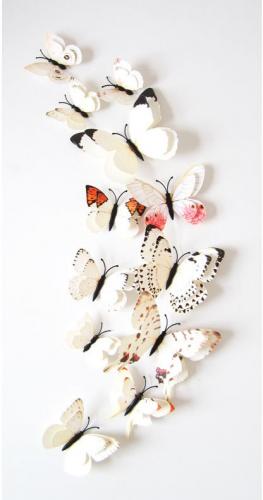 (12 шт) Комплект метеликів 3d на магніті, БІЛІ ПОДВІЙНІ кольорові 