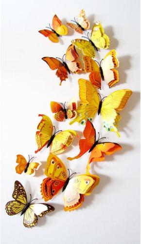 (12 шт) Комплект метеликів 3d на магніті, ЖОВТІ ПОДВІЙНІ кольорові 