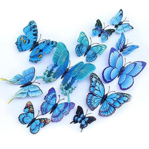 (12 шт) Комплект бабочек 3D  на магните, СИНИЕ ДВОЙНЫЕ цветные