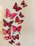 (12 шт) Комплект бабочек 3D  на магните, МАЛИНОВЫЕ ДВОЙНЫЕ цветные