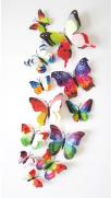 (12 шт) Комплект бабочек 3D  на магните, РАДУЖНЫЕ ДВОЙНЫЕ цветные