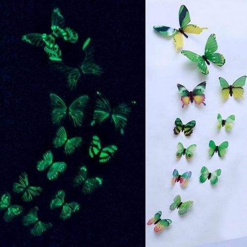 (12 шт) Комплект бабочек 3D  на скотче  , СВЕТЯЩИЕСЯ ЗЕЛЕНЫЕ цветные
