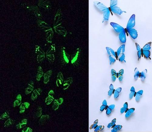 (12 шт) Комплект бабочек 3D  на скотче  , СВЕТЯЩИЕСЯ СИНИЕ цветные