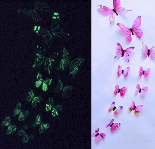 (12 шт) Комплект бабочек 3D  на скотче  , СВЕТЯЩИЕСЯ РОЗОВЫЕ цветные