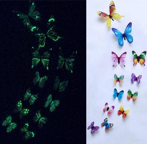 (12 шт) Комплект бабочек 3D  на скотче  , СВЕТЯЩИЕСЯ РАЗНОЦВЕТНЫЕ цветные