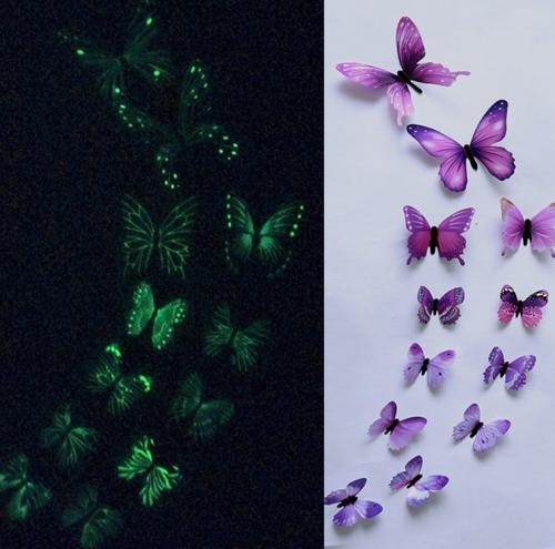 (12 шт) Комплект бабочек 3D  на скотче  , СВЕТЯЩИЕСЯ ФИОЛЕТОВЫЕ цветные