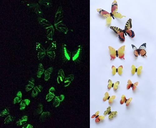 (12 шт) Комплект бабочек 3D  на скотче  , СВЕТЯЩИЕСЯ ЖЕЛТЫЕ цветные